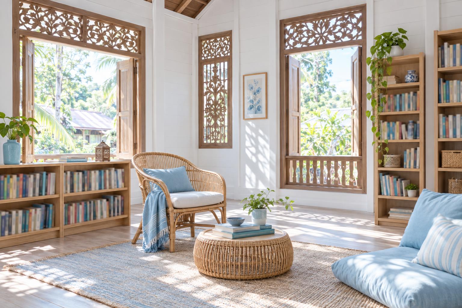 A bright reading corner inside a traditional Malay wooden house, with carved window panels and shelves of books