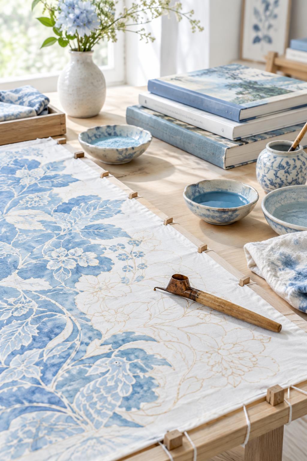 An artist's table with a half-finished blue batik painting, a canting tool and dishes of dye