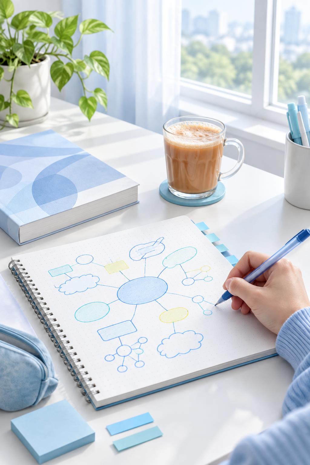 A student drawing a mind map in a notebook beside a cup of teh tarik